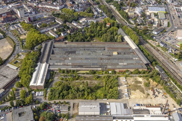 Aerial view, former MCS Technologies GmbH factory premises at Thyssenstraße, Dinslaken, Ruhr area, North Rhine-Westphalia, Germany, DE, Europe, commercial enterprise, commercial space, commercial area, commercial property, commercial location, commercial use, Hanseatic city, industrial area, industrial location, aerial view, aerial photography, aerial photography, Lower Rhine, overview, bird's eye view, birds-eyes view, overview