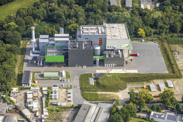 Aerial view, Dinslakener Holz-Energiezentrum DHE, Averbruch, Dinslaken, Ruhr area, North Rhine-Westphalia, Germany, DE, energy plant, energy supplier, energy industry, Europe, commercial enterprise, commercial area, commercial property, commercial site, commercial use, Hanseatic city, industrial area, industrial site, aerial photograph, aerial photography, aerial photography, Lower Rhine, overview, bird's-eye view, birds-eyes view, overview