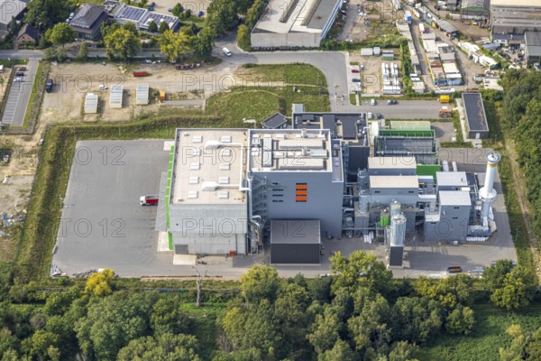 Aerial view, Dinslakener Holz-Energiezentrum DHE, Averbruch, Dinslaken, Ruhr area, North Rhine-Westphalia, Germany, DE, energy plant, energy supplier, energy industry, Europe, commercial enterprise, commercial area, commercial property, commercial site, commercial use, Hanseatic city, industrial area, industrial site, aerial photograph, aerial photography, aerial photography, Lower Rhine, overview, bird's-eye view, birds-eyes view, overview