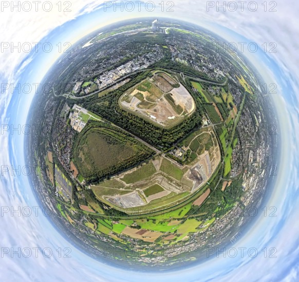 Aerial view, Emscher Hangpark and tailings pile with landfill Wehofen, between river Emscher and motorway A59, earth globe, fisheye image, 360 degree image, tiny world, little planet, fisheye image, Averbruch, Dinslaken, Ruhr area, North Rhine-Westphalia, Germany, construction site, DE, landfill, Europe, fisheye lens, fisheye lens, Little Planet, aerial view, aerial photography, aerial photography, Lower Rhine, super wide angle lens, Tiny World, overview, bird's eye view, globe, birds-eyes view, fisheye lens, insta360 camera, overview
