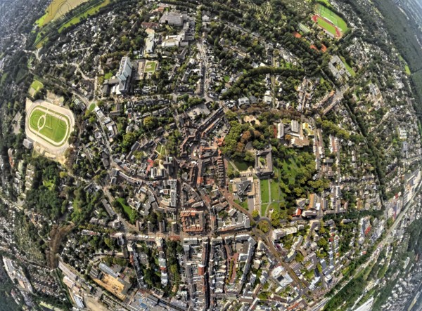 Aerial view, municipal park and castle Dinslaken with town hall, on the left the former harness racing track, globe, fisheye image, 360 degree image, tiny world, little planet, fisheye image, Dinslaken, Ruhr area, North Rhine-Westphalia, Germany, DE, Europe, fisheye lens, fisheye lens, Little Planet, aerial photography, aerial photography, aerial photography, Lower Rhine, super wide angle lens, Tiny World, overview, bird's eye view, globe, birds-eyes view, fisheye lens, insta360 camera, overview