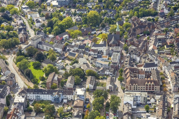 Aerial view, City with shopping street Kolpingstraße, protestant town church and town library, Altmarkt and St. Vincentiuskirche, Dinslaken, Ruhr area, North Rhine-Westphalia, Germany, place of worship, DE, Europe, religious community, place of worship, property tax, Hanseatic city, holy place, real estate, church, church community, denomination, aerial view, aerial photography, aerial photography, Lower Rhine, religion, religious site, overview, bird's-eye view, living and life, residential area, quality of life, residential neighbourhood, residential area, birds-eyes view, overview