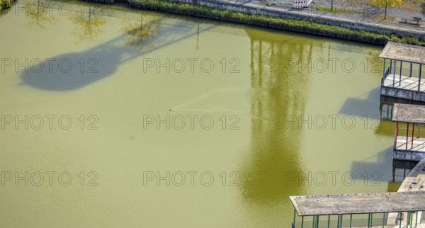 Aerial view, Bergpark Lohberg Kreativquartier, former colliery site and landscaping, Lohberger Weiher with water tower and shadows, Oberlohberg, Dinslaken, Ruhr area, North Rhine-Westphalia, Germany, DE, Europe, Hanseatic city, creative quarter, aerial view, aerial photography, aerial photography, Lower Rhine, tower, overview, bird's eye view, colliery, birds-eyes view, former colliery, overview