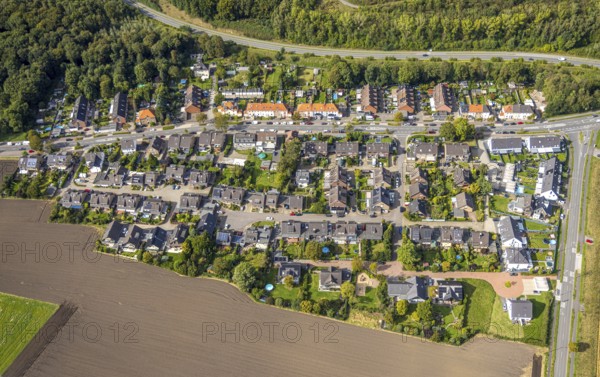 Aerial view, single-family house, housing estate Bergerstraße, Oberlohberg, Dinslaken, Ruhr area, North Rhine-Westphalia, Germany, DE, Europe, property tax, Hanseatic city, real estate, aerial view, aerial photography, aerial photography, Lower Rhine, overview, bird's-eye view, residential area, living and living, residential area, residential quality, residential neighbourhood, housing estate, residential district, birds-eyes view, overview