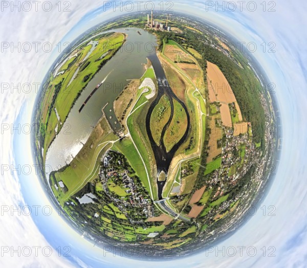 Aerial view, Emscher renaturalisation river Emscher, new Emscher estuary city border Dinslaken/Voerde with Emscher delta and river Rhine, next to it the old Emscher estuary, globe, fisheye image, fisheye image, 360 degree image, tiny world, little planet, fisheye image, Möllen, Voerde, Ruhr area, North Rhine-Westphalia, Germany, DE, Dinslaken, Emscher, Europe, fisheye lens, fisheye lens, river, Little Planet, aerial photography, aerial photography, aerial photography, Lower Rhine, renaturation, super wide angle lens, Tiny World, overview, bird's eye view, globe, birds-eyes view, fisheye lens, insta360 camera, overview
