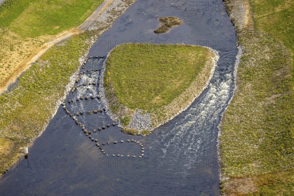 Aerial view, fish ladder, Emscher renaturalisation river Emscher, New Emscher estuary city border Dinslaken/Voerde with Emscher delta and river Rhine, Eppinghoven, Dinslaken, Ruhr area, North Rhine-Westphalia, Germany, DE, Emscher renaturalisation, Europe, Hanseatic city, aerial view, aerial photography, aerial photography, Lower Rhine, overview, bird's-eye view, birds-eyes view, overview