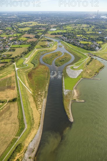 Aerial view, Emscher renaturalisation river Emscher, new Emscher estuary city border Dinslaken/Voerde with Emscher delta and river Rhine, next to it the old Emscher estuary, Eppinghoven, Dinslaken, Ruhr area, North Rhine-Westphalia, Germany, DE, Emscher renaturalisation, Europe, Hanseatic city, aerial view, aerial photography, aerial photography, Lower Rhine, overview, bird's-eye view, overview