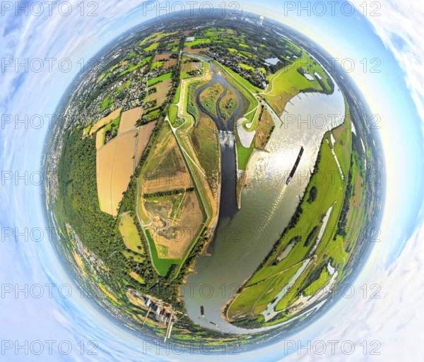 Aerial view, Emscher renaturalisation river Emscher, new Emscher estuary city border Dinslaken/Voerde with Emscher delta and river Rhine, next to it the old Emscher estuary, globe, fisheye image, fisheye image, 360 degree image, tiny world, little planet, fisheye image, Möllen, Voerde, Ruhr area, North Rhine-Westphalia, Germany, DE, Dinslaken, Emscher, Europe, fisheye lens, fisheye lens, river, Little Planet, aerial photography, aerial photography, aerial photography, Lower Rhine, renaturation, super wide angle lens, Tiny World, overview, bird's eye view, globe, birds-eyes view, fisheye lens, insta360 camera, overview