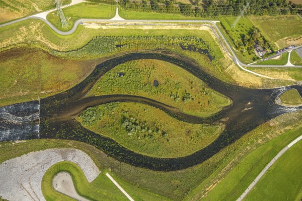 Aerial view, Emscher renaturation river Emscher, New Emscher estuary city border Dinslaken/Voerde with Emscher delta and river Rhine, shapes and colours, Eppinghoven, Dinslaken, Ruhr area, North Rhine-Westphalia, Germany, DE, Emscher renaturation, Europe, Hanseatic city, aerial view, aerial photography, aerial photography, Lower Rhine, overview, bird's-eye view, birds-eyes view, overview