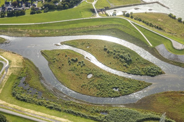Aerial view, Emscher renaturalisation river Emscher, New Emscher estuary city border Dinslaken/Voerde with Emscher delta and river Rhine, Eppinghoven, Dinslaken, Ruhr area, North Rhine-Westphalia, Germany, DE, Emscher renaturalisation, Europe, Hanseatic city, aerial view, aerial photography, aerial photography, Lower Rhine, overview, bird's-eye view, bird's-eye view, overview