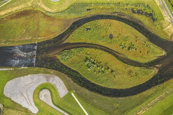 Aerial view, Emscher renaturation river Emscher, New Emscher estuary city border Dinslaken/Voerde with Emscher delta and river Rhine, shapes and colours, Eppinghoven, Dinslaken, Ruhr area, North Rhine-Westphalia, Germany, DE, Emscher renaturation, Europe, Hanseatic city, aerial view, aerial photography, aerial photography, Lower Rhine, overview, bird's-eye view, birds-eyes view, overview