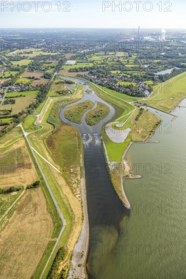 Aerial view, Emscher renaturalisation river Emscher, new Emscher estuary city border Dinslaken/Voerde with Emscher delta and river Rhine, next to it the old Emscher estuary, Eppinghoven, Dinslaken, Ruhr area, North Rhine-Westphalia, Germany, DE, Emscher renaturalisation, Europe, Hanseatic city, aerial view, aerial photography, aerial photography, Lower Rhine, overview, bird's-eye view, overview