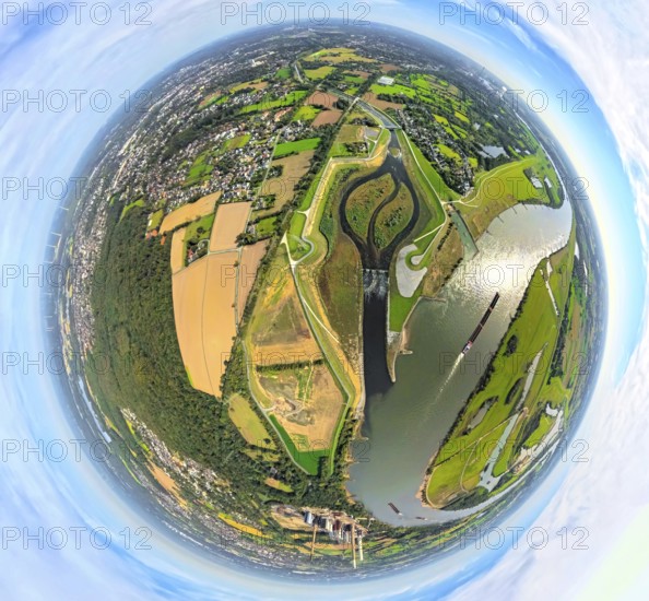 Aerial view, Emscher renaturalisation river Emscher, new Emscher estuary city border Dinslaken/Voerde with Emscher delta and river Rhine, next to it the old Emscher estuary, globe, fisheye image, fisheye image, 360 degree image, tiny world, little planet, fisheye image, Möllen, Voerde, Ruhr area, North Rhine-Westphalia, Germany, DE, Dinslaken, Emscher, Europe, fisheye lens, fisheye lens, river, Little Planet, aerial photography, aerial photography, aerial photography, Lower Rhine, renaturation, super wide angle lens, Tiny World, overview, bird's eye view, globe, birds-eyes view, fisheye lens, insta360 camera, overview