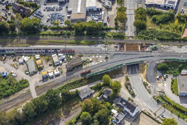 Aerial view, bridge construction site federal road B8 Weseler Straße at the track junction, Dinslaken, Ruhr area, North Rhine-Westphalia, Germany, railway tracks, railway line, construction work, construction area, construction site, building plots, construction project, construction site, DE, Deutsche Bahn AG, Europe, Hanseatic city, aerial view, aerial photography, aerial photography, new construction, Lower Rhine, renovation, refurbishment, overview, bird's eye view, bird's eye view, overview