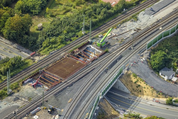 Aerial view, bridge construction site federal road B8 Weseler Straße at the track junction, Dinslaken, Ruhr area, North Rhine-Westphalia, Germany, railway tracks, railway line, construction work, construction area, construction site, building plots, construction project, construction site, DE, Deutsche Bahn AG, Europe, Hanseatic city, aerial view, aerial photography, aerial photography, new construction, Lower Rhine, renovation, refurbishment, overview, bird's eye view, bird's eye view, overview