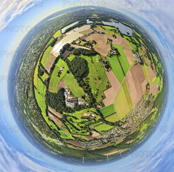 Aerial view, meadows and fields Tenderingsweg at Bruckhauser Mühlenbach, earth globe, fisheye image, 360 degree image, tiny world, little planet, fisheye image, Bruckhausen, Hünxe, Ruhr area, North Rhine-Westphalia, Germany, DE, Europe, fisheye lens, fisheye lens, Little Planet, aerial photography, aerial photography, aerial photography, Lower Rhine, super wide angle lens, Tiny World, overview, bird's eye view, globe, birds-eyes view, fisheye lens, insta360 camera, overview