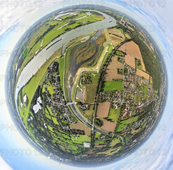 Aerial view, Emscher renaturalisation river Emscher, new Emscher estuary city border Dinslaken/Voerde with Emscher delta and river Rhine, next to it the old Emscher estuary, globe, fisheye image, fisheye image, 360 degree image, tiny world, little planet, fisheye image, Möllen, Voerde, Ruhr area, North Rhine-Westphalia, Germany, DE, Dinslaken, Emscher, Europe, fisheye lens, fisheye lens, river, Little Planet, aerial photography, aerial photography, aerial photography, Lower Rhine, renaturation, super wide angle lens, Tiny World, overview, bird's eye view, globe, birds-eyes view, fisheye lens, insta360 camera, overview