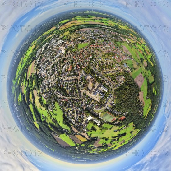 Aerial view, city centre view with comprehensive school Hünxe, globe, fisheye image, 360 degree image, tiny world, little planet, fisheye image, Hünxe, Ruhr area, North Rhine-Westphalia, Germany, education, educational institution, DE, Europe, fisheye lens, fisheye lens, comprehensive school, property tax, real estate, educational institute, Little Planet, aerial photography, aerial photography, aerial photography, Lower Rhine, school, super wide-angle lens, Tiny World, overview, bird's-eye view, globe, housing estate, housing and living, residential area, quality of living, residential neighbourhood, housing estate, residential area, birds-eyes view, fisheye lens, insta360 camera, overview