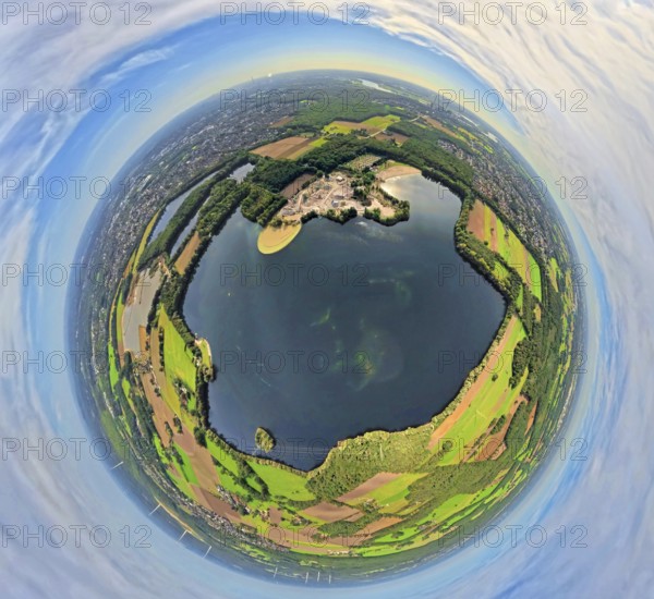 Aerial view, Tenderingssee and lido, globe, fisheye image, fisheye image, 360 degree image, tiny world, little planet, fisheye image, Bruckhausen, Hünxe, Ruhr area, North Rhine-Westphalia, Germany, DE, Europe, fisheye lens, fisheye lens, outdoor pool, Little Planet, aerial photography, aerial photography, aerial photography, Lower Rhine, lake, super wide angle lens, Tiny World, overview, bird's eye view, globe, birds-eyes view, fisheye lens, insta360 camera, overview