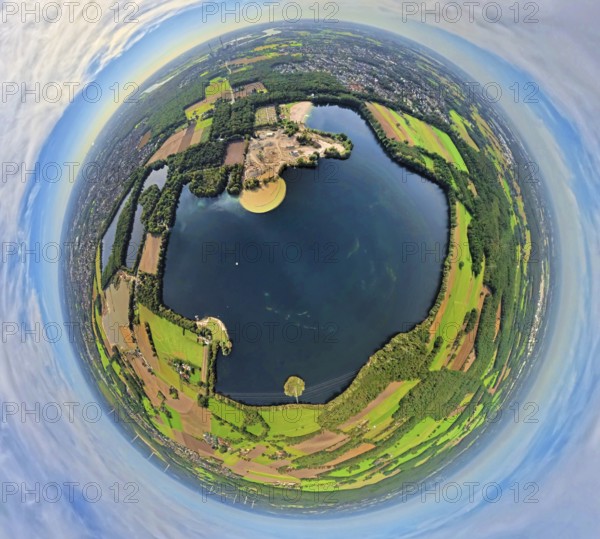 Aerial view, Tenderingssee and lido, globe, fisheye image, fisheye image, 360 degree image, tiny world, little planet, fisheye image, Bruckhausen, Hünxe, Ruhr area, North Rhine-Westphalia, Germany, DE, Europe, fisheye lens, fisheye lens, outdoor pool, Little Planet, aerial photography, aerial photography, aerial photography, Lower Rhine, lake, super wide angle lens, Tiny World, overview, bird's eye view, globe, birds-eyes view, fisheye lens, insta360 camera, overview