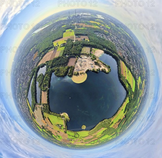 Aerial view, Tenderingssee and lido, globe, fisheye image, fisheye image, 360 degree image, tiny world, little planet, fisheye image, Bruckhausen, Hünxe, Ruhr area, North Rhine-Westphalia, Germany, DE, Europe, fisheye lens, fisheye lens, outdoor pool, Little Planet, aerial photography, aerial photography, aerial photography, Lower Rhine, lake, super wide angle lens, Tiny World, overview, bird's eye view, globe, birds-eyes view, fisheye lens, insta360 camera, overview