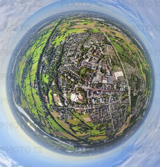Aerial view, city centre view with town hall and town hall square, Voerde school centre, earth globe, fisheye image, fisheye image, 360 degree image, tiny world, little planet, fisheye image, Voerde, Ruhr area, North Rhine-Westphalia, Germany, authority, education, educational institution, DE, Europe, fisheye lens, fisheye lens, educational institute, Little Planet, aerial photography, aerial photography, Lower Rhine, town hall, school, super wide angle lens, Tiny World, overview, bird's eye view, globe, birds-eyes view, fisheye lens, insta360 camera, overview