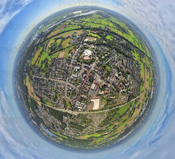 Aerial view, city centre view with town hall and town hall square, Voerde school centre, earth globe, fisheye image, fisheye image, 360 degree image, tiny world, little planet, fisheye image, Voerde, Ruhr area, North Rhine-Westphalia, Germany, authority, education, educational institution, DE, Europe, fisheye lens, fisheye lens, educational institute, Little Planet, aerial photography, aerial photography, Lower Rhine, town hall, school, super wide angle lens, Tiny World, overview, bird's eye view, globe, birds-eyes view, fisheye lens, insta360 camera, overview