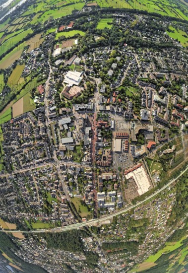 Aerial view, city centre view with town hall and town hall square, Voerde school centre, earth globe, fisheye image, fisheye image, 360 degree image, tiny world, little planet, fisheye image, Voerde, Ruhr area, North Rhine-Westphalia, Germany, authority, education, educational institution, DE, Europe, fisheye lens, fisheye lens, educational institute, Little Planet, aerial photography, aerial photography, Lower Rhine, town hall, school, super wide angle lens, Tiny World, overview, bird's eye view, globe, birds-eyes view, fisheye lens, insta360 camera, overview