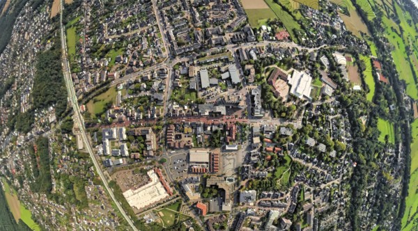 Aerial view, city centre view with town hall and town hall square, Voerde school centre, earth globe, fisheye image, fisheye image, 360 degree image, tiny world, little planet, fisheye image, Voerde, Ruhr area, North Rhine-Westphalia, Germany, authority, education, educational institution, DE, Europe, fisheye lens, fisheye lens, educational institute, Little Planet, aerial photography, aerial photography, Lower Rhine, town hall, school, super wide angle lens, Tiny World, overview, bird's eye view, globe, birds-eyes view, fisheye lens, insta360 camera, overview