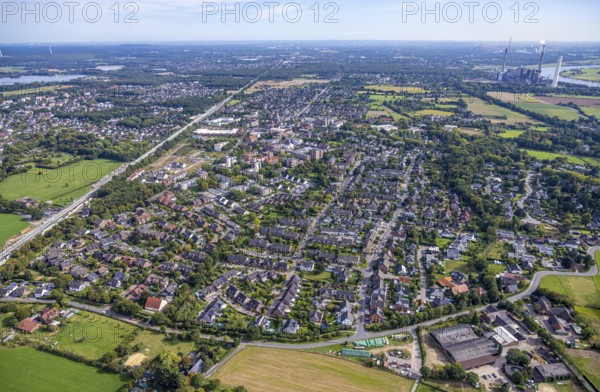 Aerial view, residential area, local view Voerde, extension of the Betuweroute and Betuwe-Line railway line, behind Voerde power station, Voerde, Ruhr area, North Rhine-Westphalia, Germany, DE, Europe, aerial view, aerial photography, aerial photography, Lower Rhine, overview, Voerde (Lower Rhine), bird's eye view, birds-eyes view, overview
