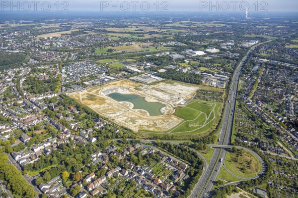 Aerial view of the former harness racing track Recklinghausen, on the A2 motorway, with northern tangent of Blitzkuhlenstraße, König-Ludwig, Recklinghausen, Ruhr area, North Rhine-Westphalia, Germany