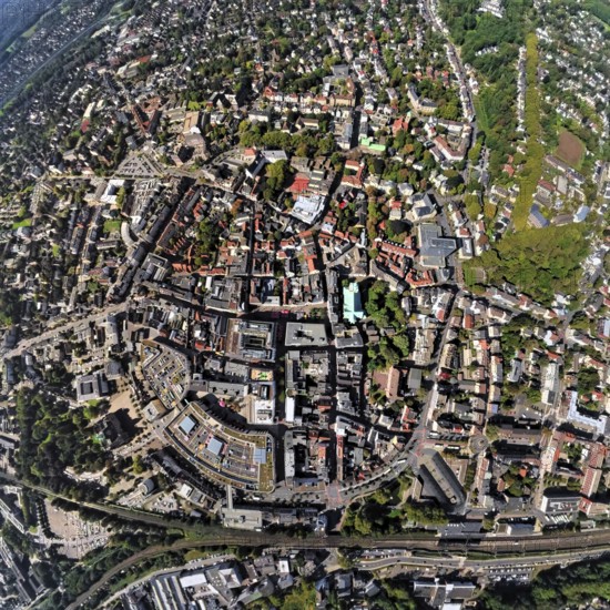 Aerial view, old town and old town ring Herzogswall, Kurfürstenwall, Grafenwall, Kaiserwall and Königswall, in the centre the catholic Probsteikirche St. Peter, earth globe, fisheye image, fisheye image, 360 degree image, tiny world, little planet, fisheye image, city centre, Recklinghausen, Ruhr area, North Rhine-Westphalia, Germany, place of worship, DE, Europe, fisheye lens, fisheye lens, religious community, place of worship, property tax, holy place, real estate, church, parish, denomination, Little Planet, aerial view, aerial photography, aerial photography, religion, religious site, super wide-angle lens, Tiny World, overview, bird's-eye view, globe, residential complex, living and life, residential area, quality of life, residential neighbourhood, housing estate, residential district, birds-eyes view, fisheye lens, insta360 camera, overview