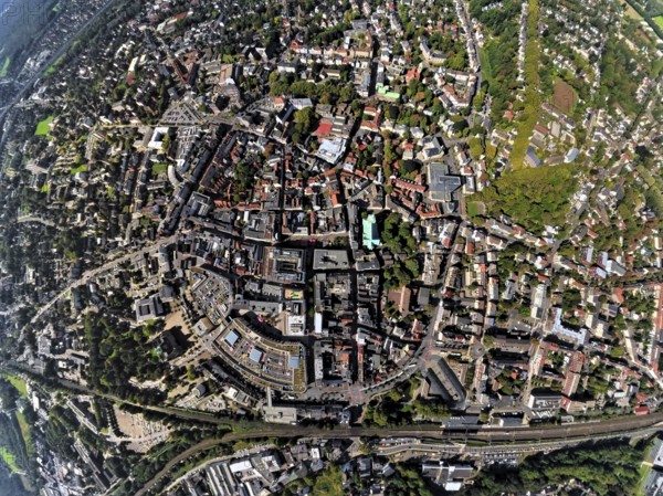 Aerial view, old town and old town ring Herzogswall, Kurfürstenwall, Grafenwall, Kaiserwall and Königswall, in the centre the catholic Probsteikirche St. Peter, earth globe, fisheye image, fisheye image, 360 degree image, tiny world, little planet, fisheye image, city centre, Recklinghausen, Ruhr area, North Rhine-Westphalia, Germany, place of worship, DE, Europe, fisheye lens, fisheye lens, religious community, place of worship, property tax, holy place, real estate, church, parish, denomination, Little Planet, aerial view, aerial photography, aerial photography, religion, religious site, super wide-angle lens, Tiny World, overview, bird's-eye view, globe, residential complex, living and life, residential area, quality of life, residential neighbourhood, housing estate, residential district, birds-eyes view, fisheye lens, insta360 camera, overview