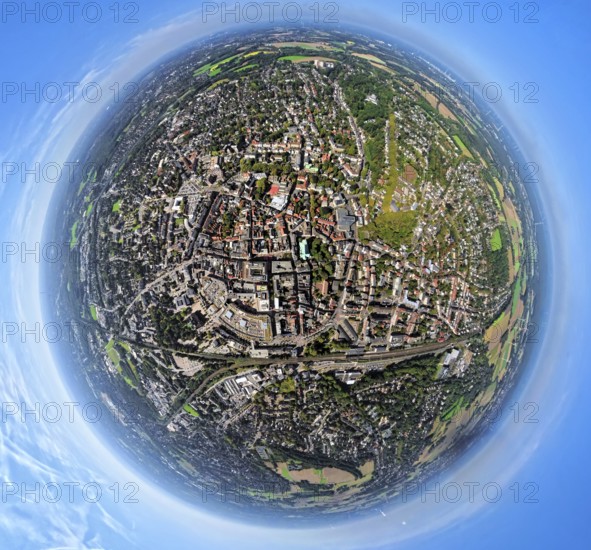 Aerial view, old town and old town ring Herzogswall, Kurfürstenwall, Grafenwall, Kaiserwall and Königswall, in the centre the catholic Probsteikirche St. Peter, earth globe, fisheye image, fisheye image, 360 degree image, tiny world, little planet, fisheye image, city centre, Recklinghausen, Ruhr area, North Rhine-Westphalia, Germany, place of worship, DE, Europe, fisheye lens, fisheye lens, religious community, place of worship, property tax, holy place, real estate, church, parish, denomination, Little Planet, aerial view, aerial photography, aerial photography, religion, religious site, super wide-angle lens, Tiny World, overview, bird's-eye view, globe, residential complex, living and life, residential area, quality of life, residential neighbourhood, housing estate, residential district, birds-eyes view, fisheye lens, insta360 camera, overview