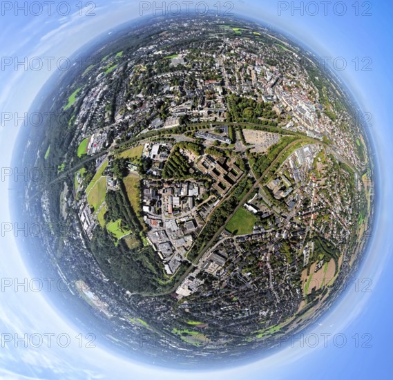 Aerial view, town hall district administration Recklinghausen and fire station, industrial area Hubertusstraße, surrounded by railway tracks, globe, fisheye image, fisheye image, 360 degree image, tiny world, little planet, fisheye image, Hillen, Recklinghausen, Ruhr area, North Rhine-Westphalia, Germany, DE, Europe, fisheye lens, fisheye lens, Little Planet, aerial view, aerial photography, aerial photography, super wide angle lens, Tiny World, overview, bird's eye view, globe, birds-eyes view, fisheye lens, insta360 camera, overview