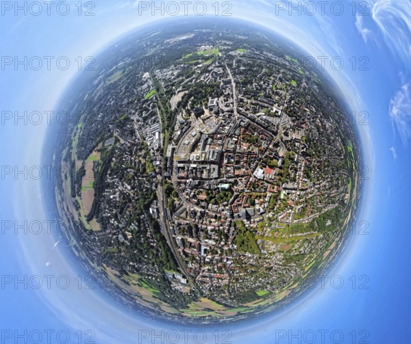 Aerial view, old town and old town ring Herzogswall, Kurfürstenwall, Grafenwall, Kaiserwall and Königswall, in the centre the catholic Probsteikirche St. Peter, earth globe, fisheye image, fisheye image, 360 degree image, tiny world, little planet, fisheye image, city centre, Recklinghausen, Ruhr area, North Rhine-Westphalia, Germany, place of worship, DE, Europe, fisheye lens, fisheye lens, religious community, place of worship, property tax, holy place, real estate, church, parish, denomination, Little Planet, aerial view, aerial photography, aerial photography, religion, religious site, super wide-angle lens, Tiny World, overview, bird's-eye view, globe, residential complex, living and life, residential area, quality of life, residential neighbourhood, housing estate, residential district, birds-eyes view, fisheye lens, insta360 camera, overview