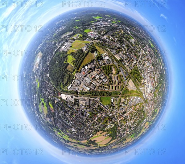 Aerial view, town hall district administration Recklinghausen and fire station, industrial area Hubertusstraße, surrounded by railway tracks, globe, fisheye image, fisheye image, 360 degree image, tiny world, little planet, fisheye image, Hillen, Recklinghausen, Ruhr area, North Rhine-Westphalia, Germany, DE, Europe, fisheye lens, fisheye lens, Little Planet, aerial view, aerial photography, aerial photography, super wide angle lens, Tiny World, overview, bird's eye view, globe, birds-eyes view, fisheye lens, insta360 camera, overview