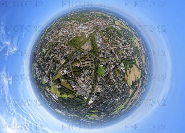 Aerial view, town hall district administration Recklinghausen and fire station, industrial area Hubertusstraße, surrounded by railway tracks, globe, fisheye image, fisheye image, 360 degree image, tiny world, little planet, fisheye image, Hillen, Recklinghausen, Ruhr area, North Rhine-Westphalia, Germany, DE, Europe, fisheye lens, fisheye lens, Little Planet, aerial view, aerial photography, aerial photography, super wide angle lens, Tiny World, overview, bird's eye view, globe, birds-eyes view, fisheye lens, insta360 camera, overview