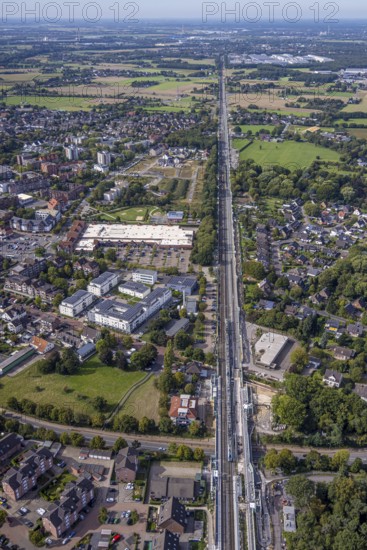 Aerial view, Voerde main station, construction site Steinstraße bridge, construction site pedestrian subway and Bahnhofstraße bridge, extension of the Betuweroute and Betuwe Line railway line, Voerde, Ruhr area, North Rhine-Westphalia, Germany, DE, Europe, aerial view, aerial photography, aerial photography, Lower Rhine, overview, Voerde (Lower Rhine), bird's-eye view, birds-eyes view, overview