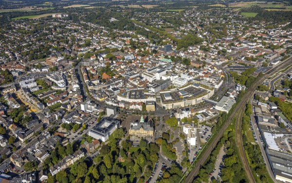 Aerial view, overview of the city centre of Recklinghausen with town hall, main station Recklinghausen, Mitte, centre, Recklinghausen, Ruhr area, North Rhine-Westphalia, Germany