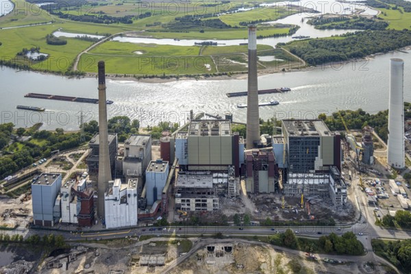 Aerial photograph, Voerde power station, decommissioned coal-fired power station on the Rhine, Rhine foreland in the Orsoy Rhine bend landscape conservation area, Möllen, Voerde, Ruhr area, North Rhine-Westphalia, Germany, DE, power station, Europe, LSG landscape conservation area, aerial photograph, aerial photography, aerial photography, Lower Rhine, dismantling, overview, Voerde (Lower Rhine), bird's-eye view, bird's-eye view, overview