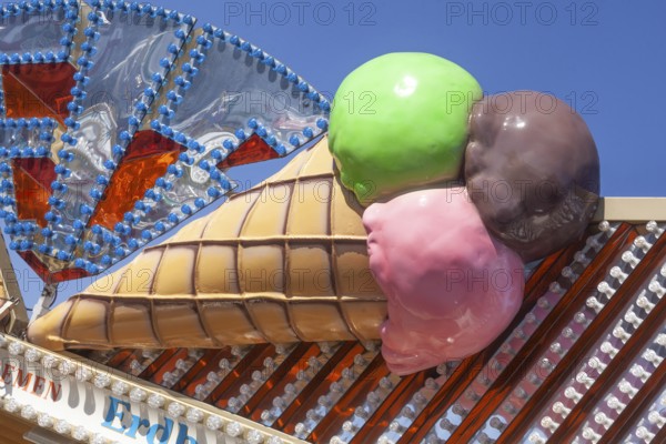 Ice cream cone with colourful ice cream scoops as decoration at the Bremer Osterwiese folk festival, Bürgerweide, Bremen, Germany