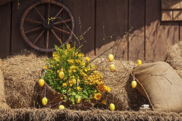 Easter eggs, artificial flowers and flour sacks as decoration at the Bremer Osterwiese folk festival, Bürgerweide, Bremen, Germany