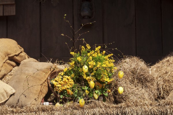 Easter eggs, artificial flowers and flour sacks as decoration at the Bremer Osterwiese folk festival, Bürgerweide, Bremen, Germany