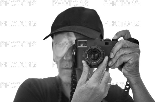 Portrait, self-portrait, selfie, photographer with eye bandage, eye injury, bandage on eye, looking through camera, viewfinder camera, photographed, Leica M11 Monochrom, black and white, Stuttgart, Baden-Württemberg, Germany