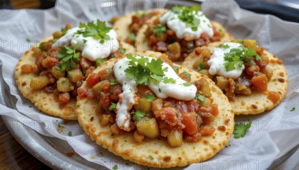 Close-up shot of appetizing tostadas topped with a flavorful mix of vegetables, creamy sauce, and fresh herbs, served on a plate, AI generated