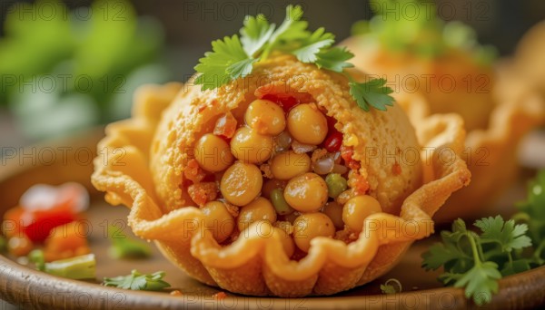 A vibrant image showcases a close-up of a crispy puri filled with chickpeas and vegetables, a popular Indian street food, AI generated