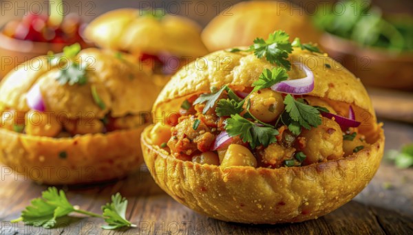 Close-up shot of Aloo Tikki Chaat, a popular Indian street food, served in a crispy bread bowl, garnished with fresh herbs and onions, AI generated
