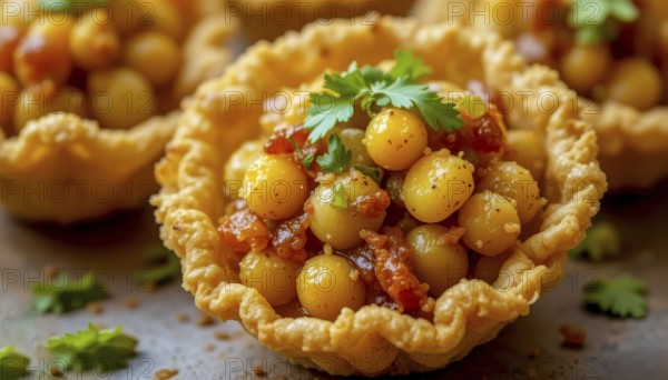Close-up shot of a flavorful potato salad appetizer, presented in delicate pastry shells, perfect for a party, AI generated