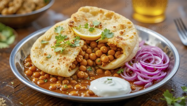 A vibrant image of Chole Bhature, a popular Indian dish, featuring fluffy bhature bread filled with chickpeas, served with onions and yogurt, AI generated